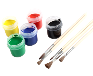 Acrylic paint pots and paint brushes